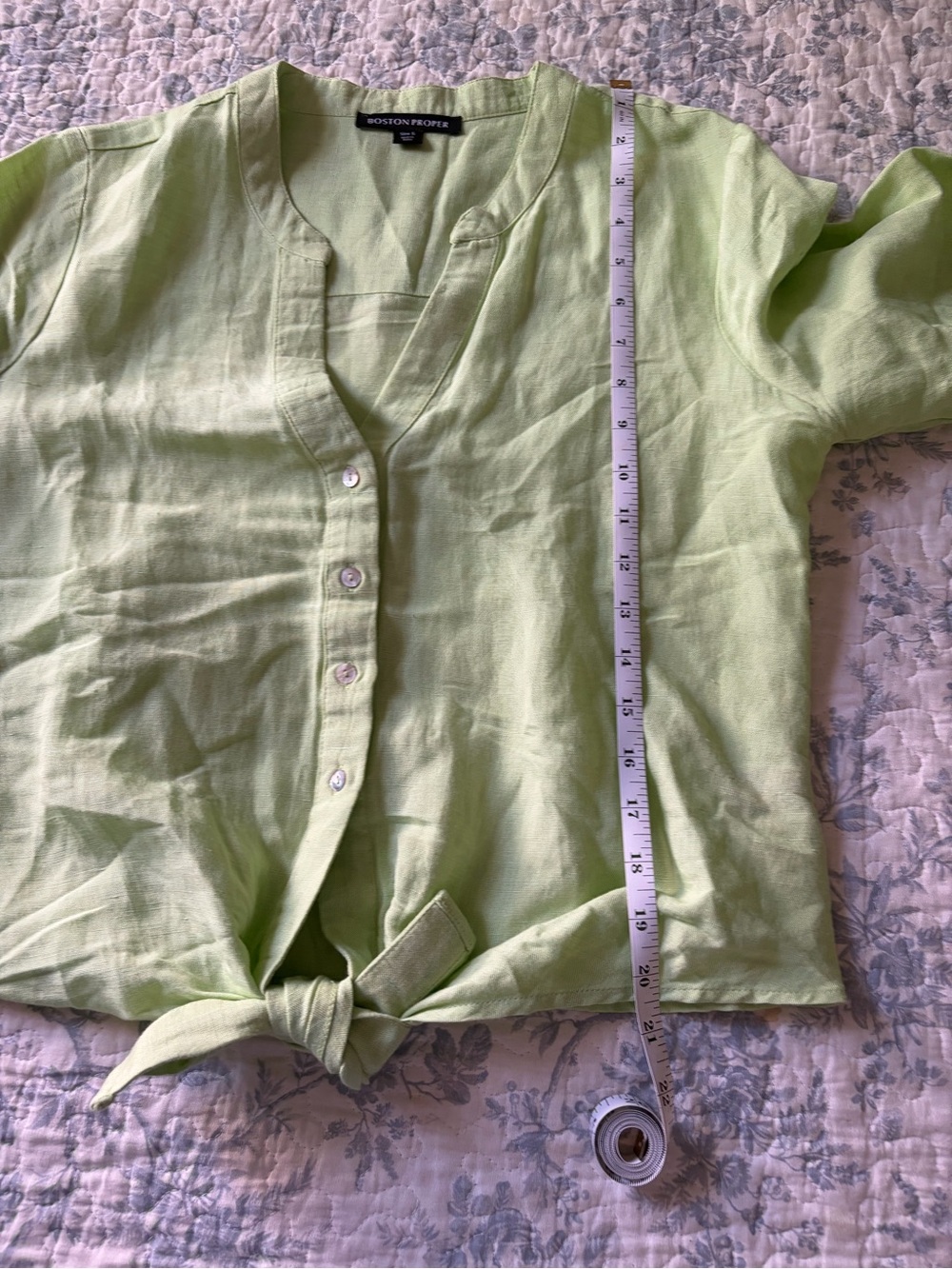 Boston Proper Women’s Small Lime Green Button/Tie Front Linen Top flared sleeves - Picture 9 of 12